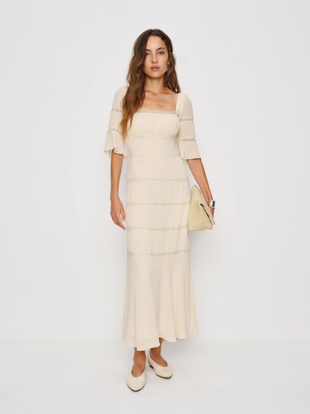 new Reformation Laverna lace inset mid bell sleeve midi dress in cream - Picture 2 of 11